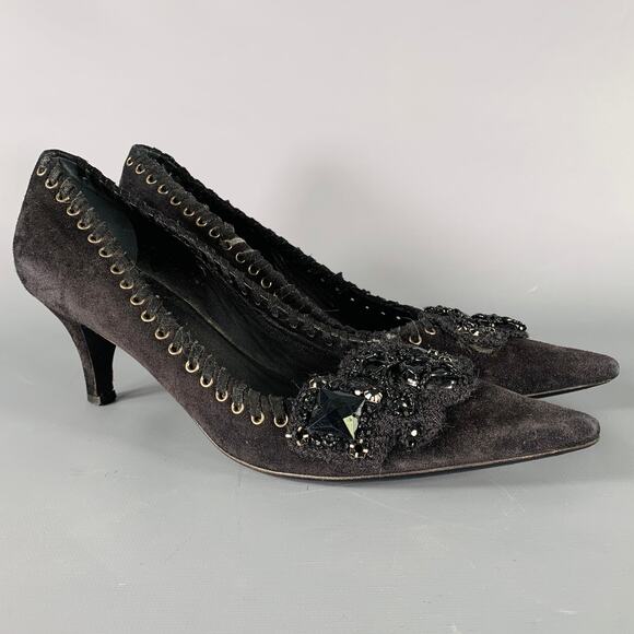PRADA Size 7.5 Black Suede Beaded Embellishment Heels Pumps - Picture 1 of 9
